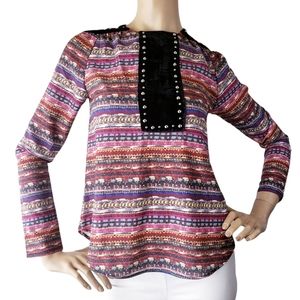 Antique Gold Boho Geometric Velvet Contrast Blouse